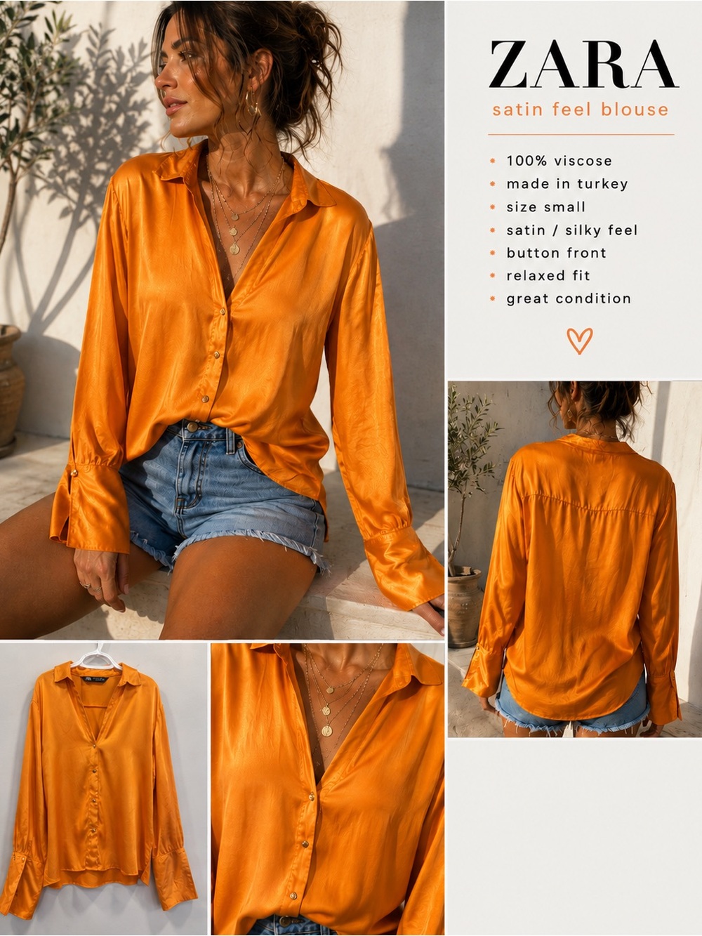 Zara Satin Feel Button Front Blouse Orange Gold Long Sleeve Size Small to Medium